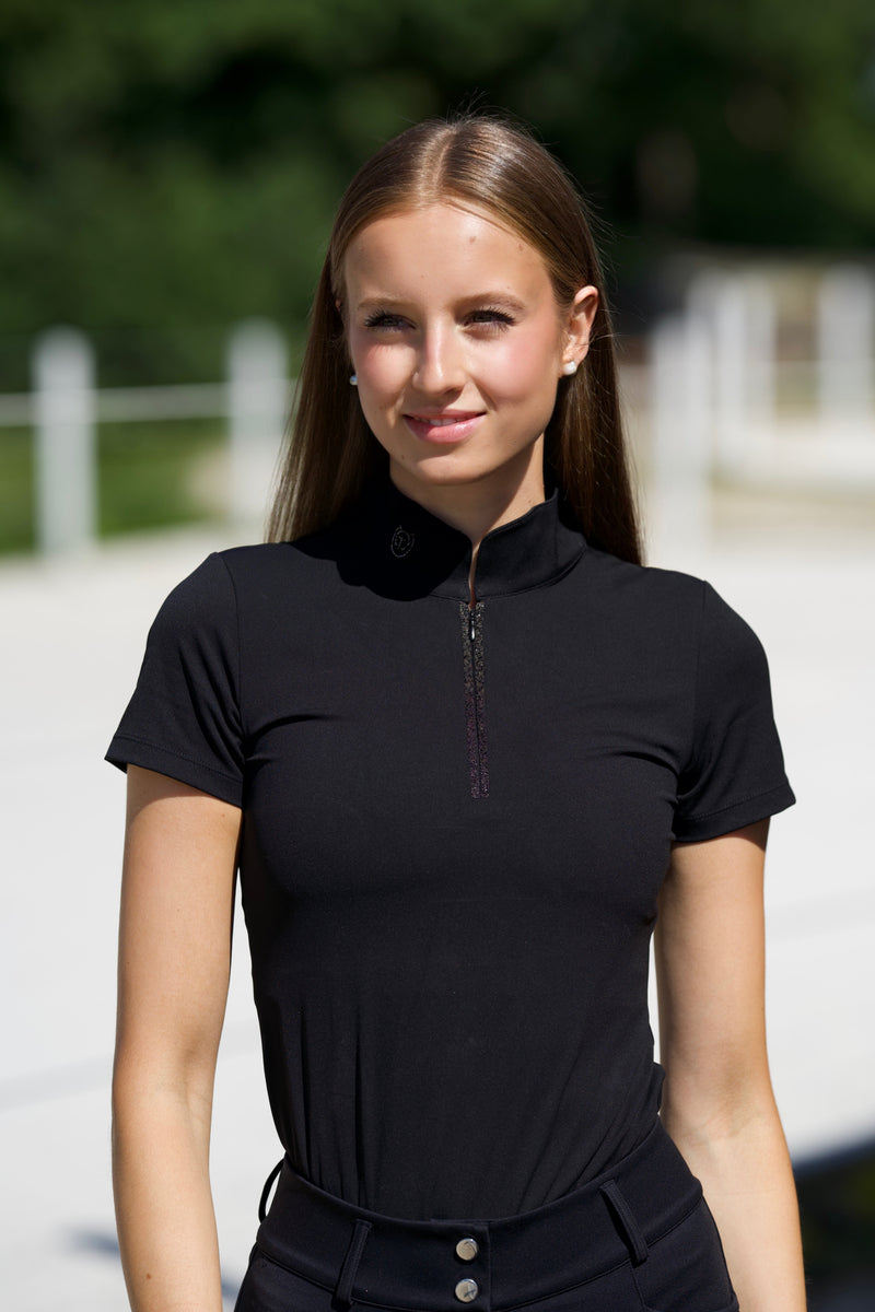 Thepinkhorse | Turnieroberteil Reitsport mit Glitzer kurzarm | SCHWARZ
